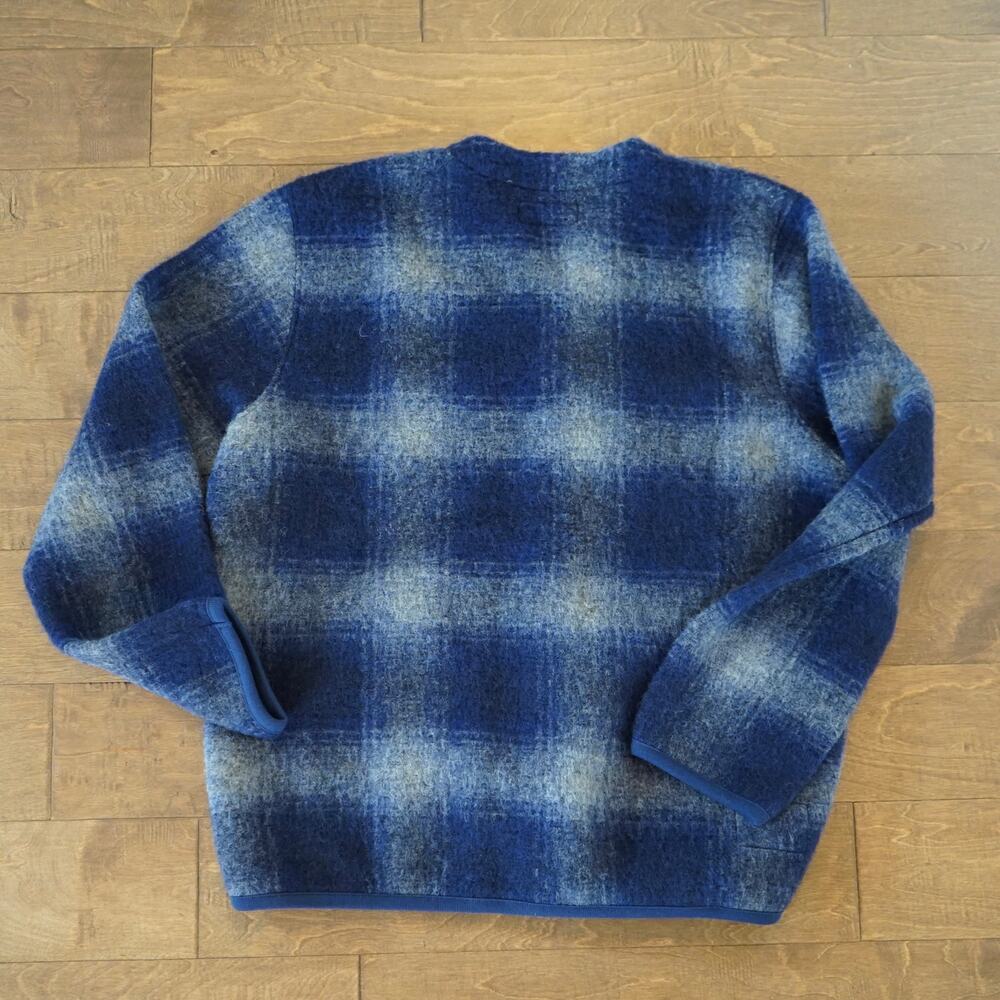 Universal Works Fresno Fleece Cardigan Plaid Wool Cardigan Jacket Navy SZ XXL - Picture 6 of 6